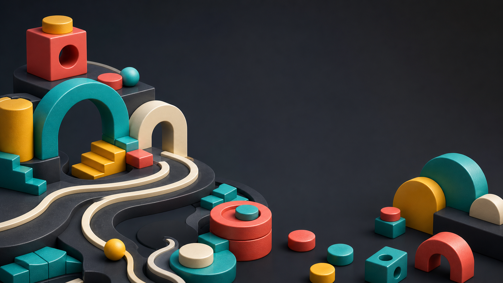 Colorful abstract game pieces arranged in a playful world